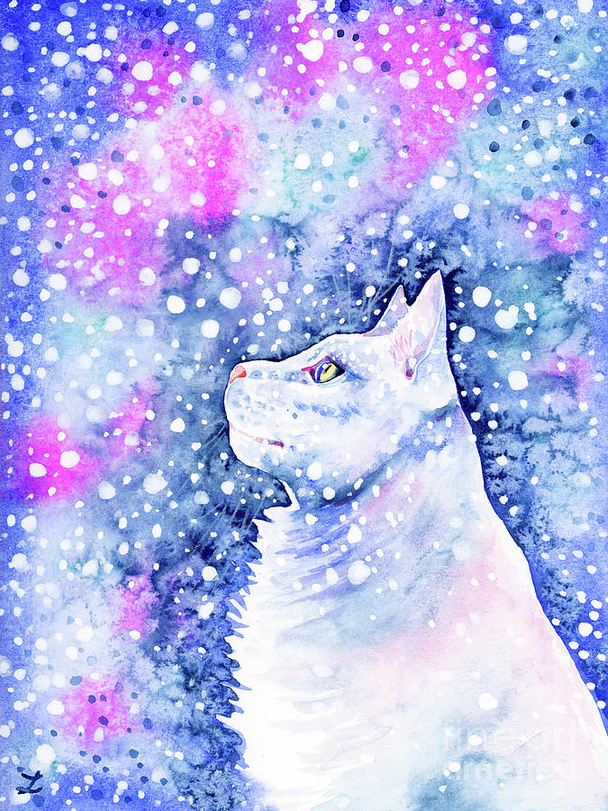 Snow Cat Painting by Zaira Dzhaubaeva