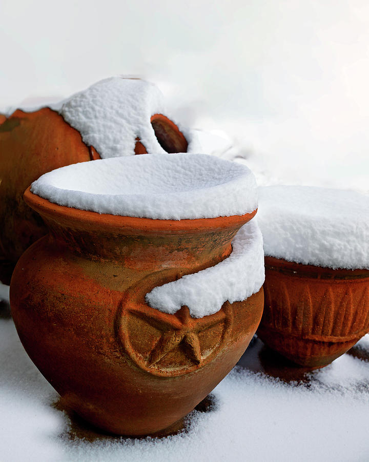 Snow covered Clay Pots  Photograph by Gary Langley