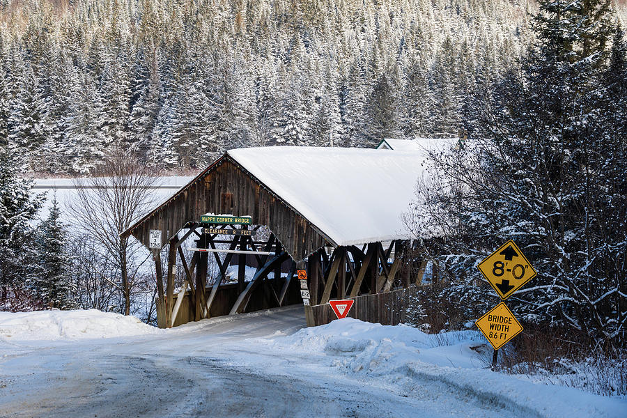 Snow Covered Happy Corner Covered Bridge - Pittsburg, New Hampshire Photograph by John Rowe
