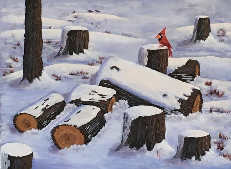 Snow Covered Logs Painting by Ray Nutaitis