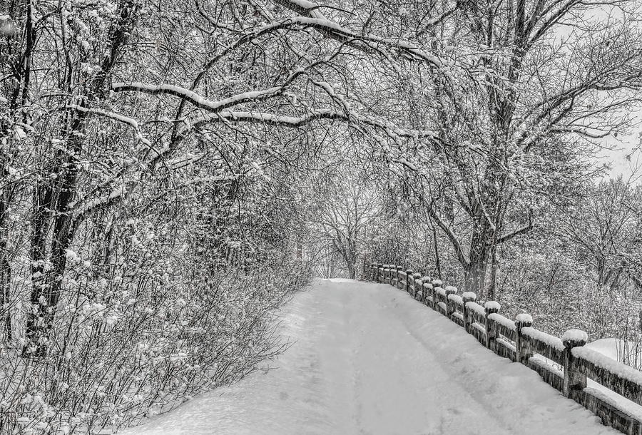 Snow Covered Riverside Park Bridge Photograph by Dale Kauzlaric