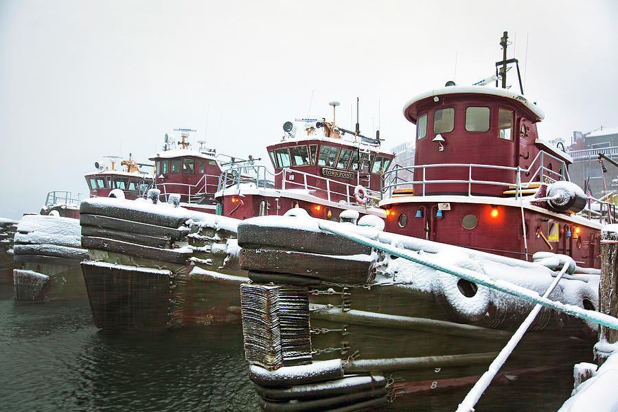 Snow Covered Tugboats Photograph by Eric Gendron
