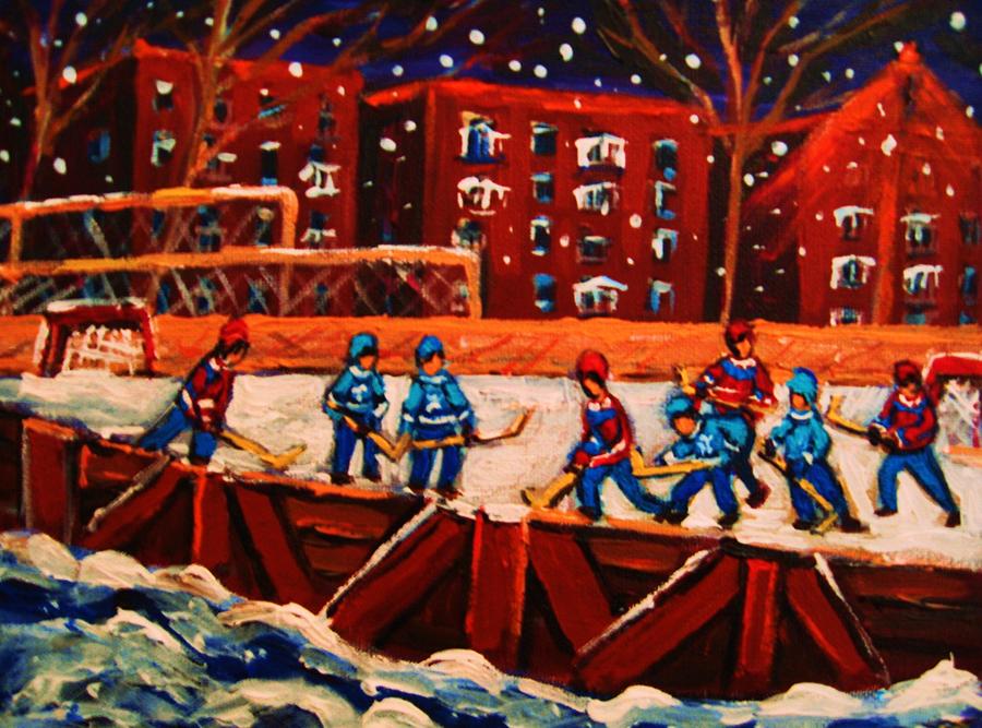 Ice Hockey Painting - Snow Falling On The Hockey Rink by Carole Spandau