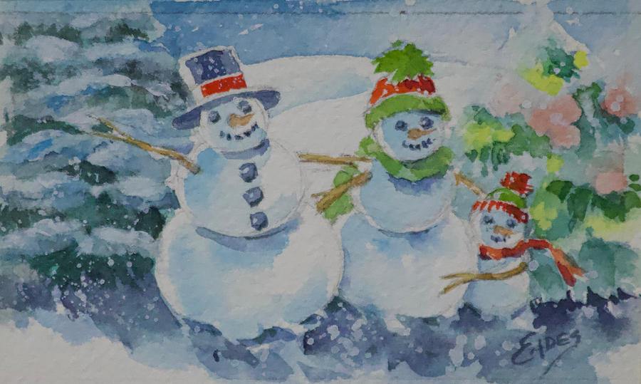 Christmas Painting - Snow Family WC by Linda Eades Blackburn