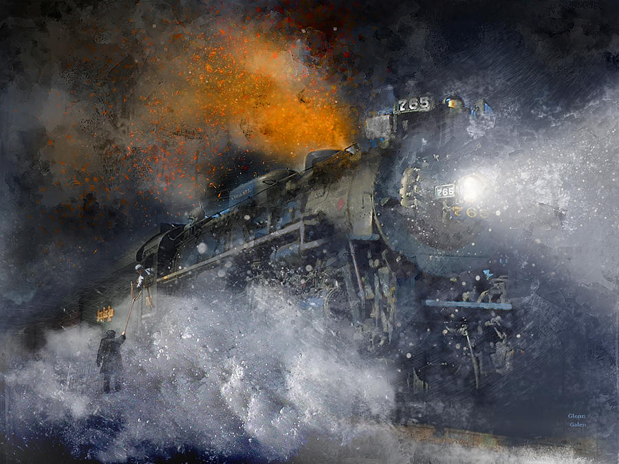 Grabbing His Train Orders - Snow Fire and Steam Painting by Glenn Galen