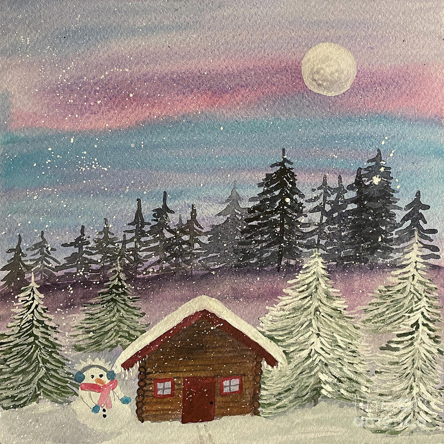 Snow Lady and Cabin Painting by Lisa Neuman