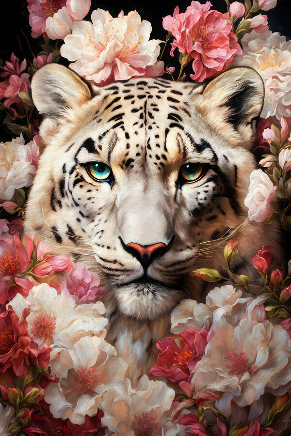 Snow Leopard and Flowers Digital Art by Peggy Collins