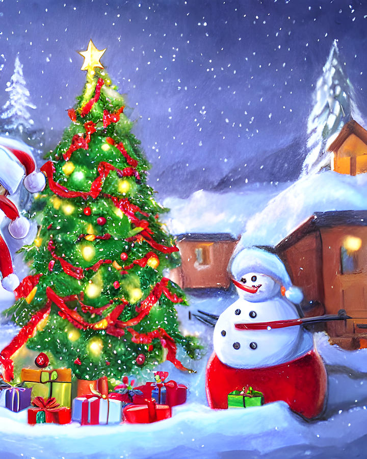 Snow man and Christmas tree Digital Art by James Inlow