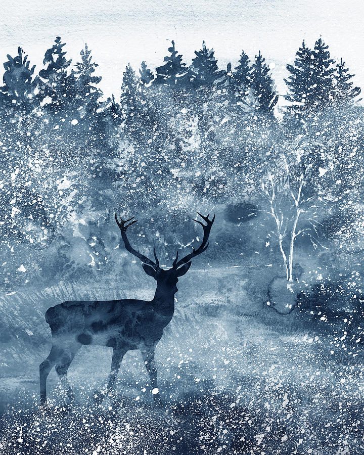 Snow Meadow Deer Buck In Winter Forest Watercolor  Painting by Irina Sztukowski