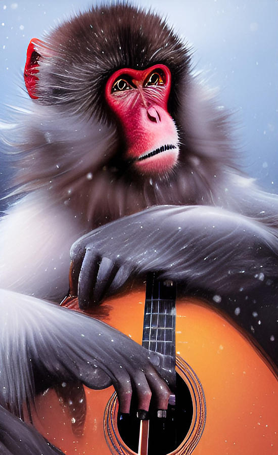 Snow Monkey With A Guitar Digital Art by La Moon Art