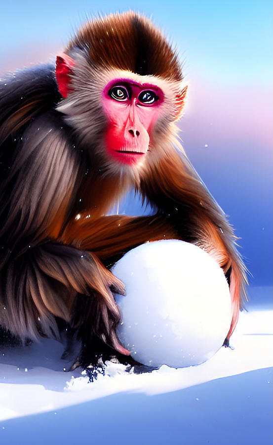 Snow Monkey With Snowball Digital Art by La Moon Art - Fine Art America