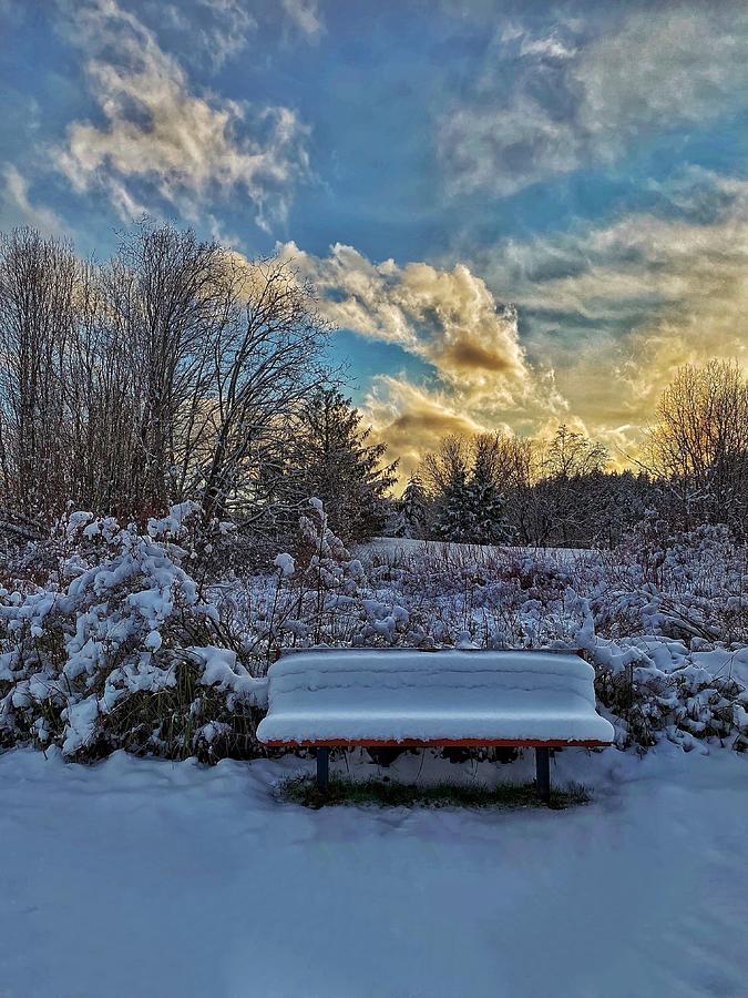 Snow on Bench - Sunset Photograph by Jerry Abbott