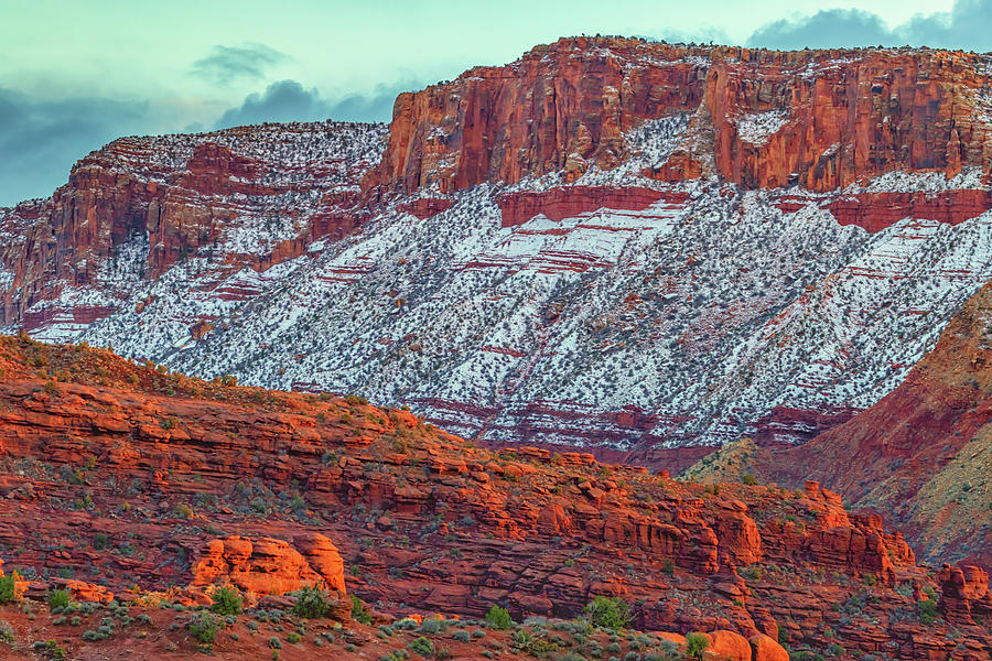 Sunset Photograph - Snow on Rock Formations at Sunset by Marc Crumpler