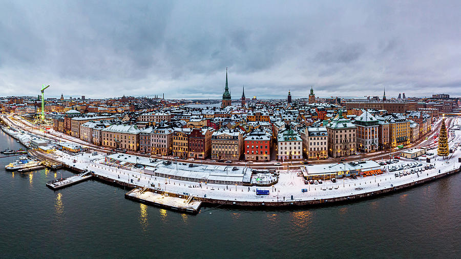 Snow Photograph - Aerial view of snowy Gamla Stan rooftops by Dejan Kostic Snow Photograph - Aerial view of snowy Gamla Stan rooftops by Dejan Kostic