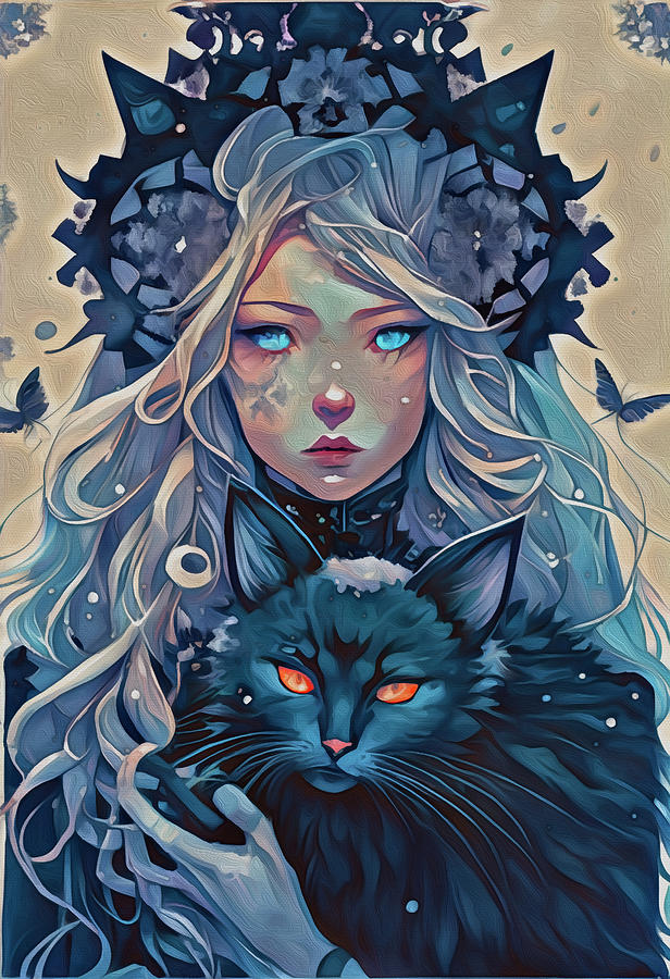 Snow Queen with Black Cat 1 Mixed Media by Ann Leech