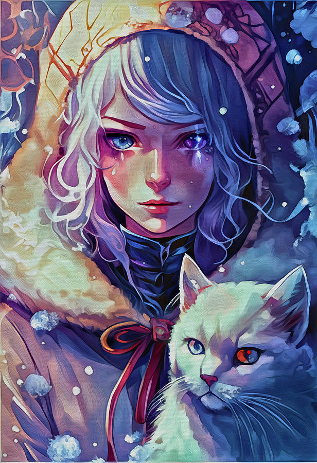 Snow Queen with Cute Cat 2 Mixed Media by Ann Leech