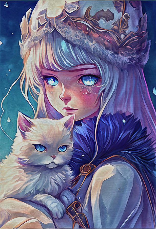 Snow Queen with Cute Cat 4 Mixed Media by Ann Leech