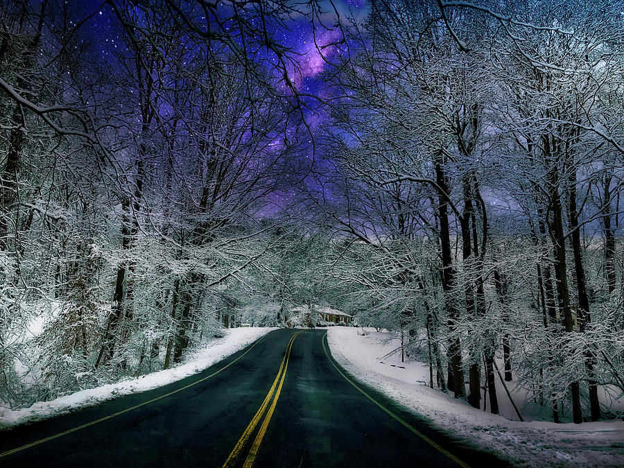 Snow Road and Night Stars Photograph by Anthony M Davis