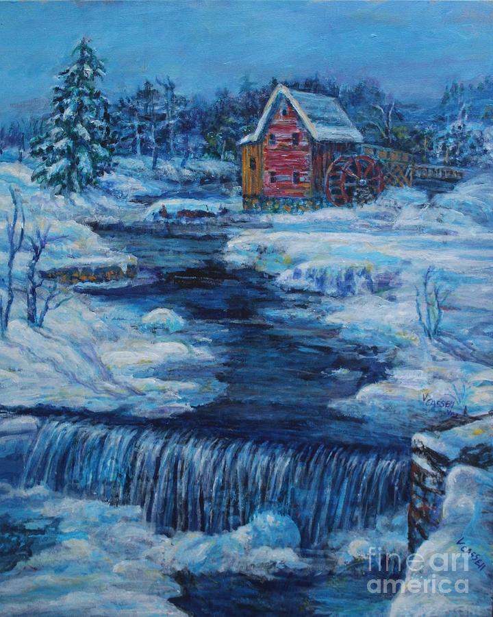  Snow Scene Old Grist Mill Painting by Veronica Cassell vaz