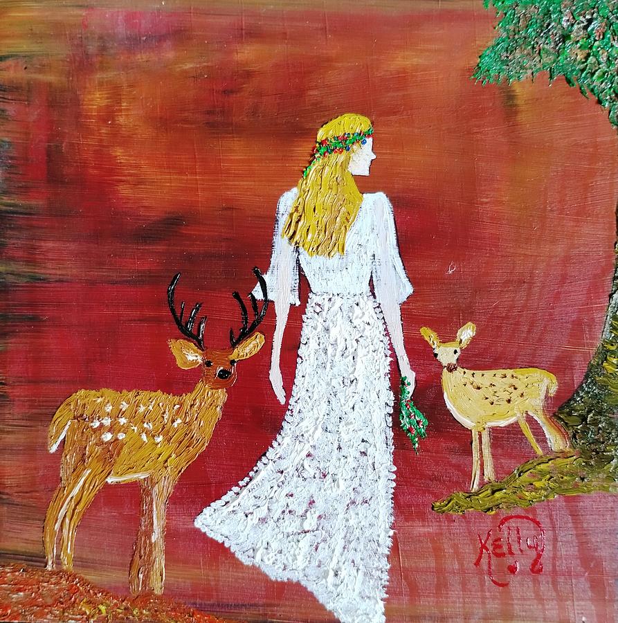 Snow White and Deer Mixed Media by Kelly Johnson