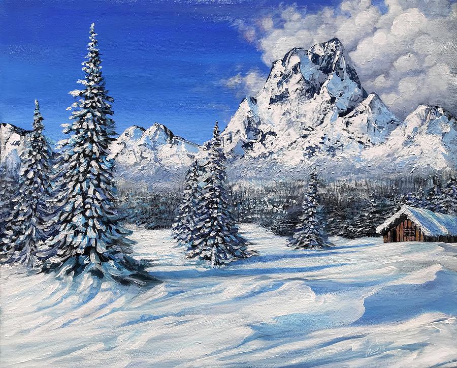 Snow winter montagnes scene  Painting by Alban Dizdari