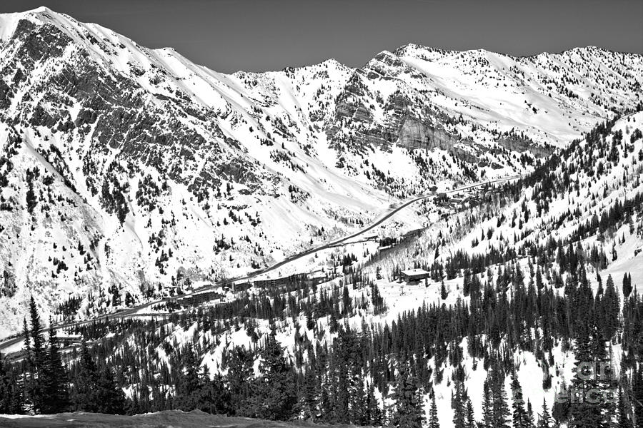 Snowbird Base Area Black And White Photograph by Adam Jewell