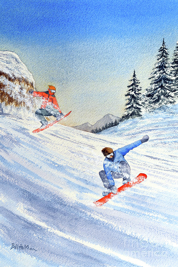 Snowboarding Painting - Snowboarders Shreddin The Gnar  by Bill Holkham