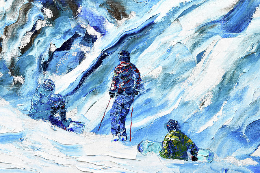 Snowboarders waiting to set off Painting by Pete Caswell