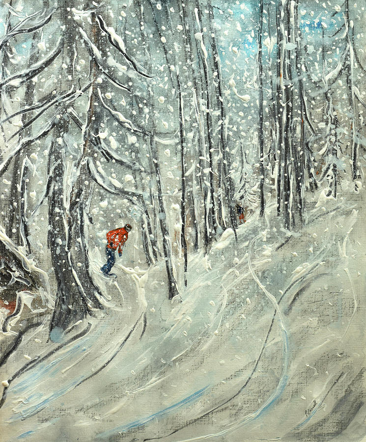 Snowboarding Fun in The Woods Painting by Pete Caswell