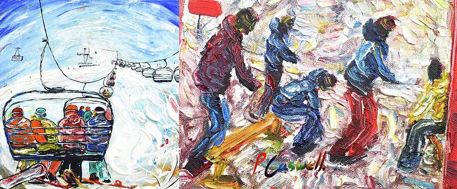 Snowboarding mugs by Pete Caswell on a chairlift Painting by Pete Caswell