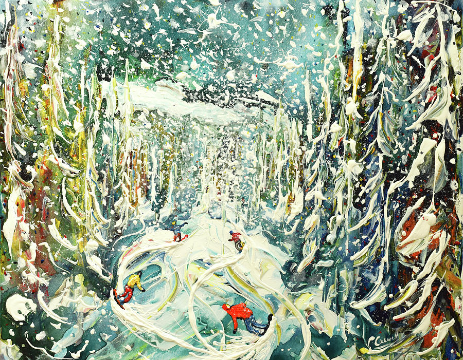 Snowboards Snowing in the Woods Print and Poster Painting by Pete Caswell
