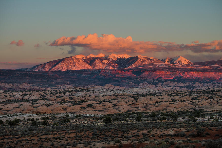 Snowcapped La Sal Mountains at sunset Photograph by David L Moore