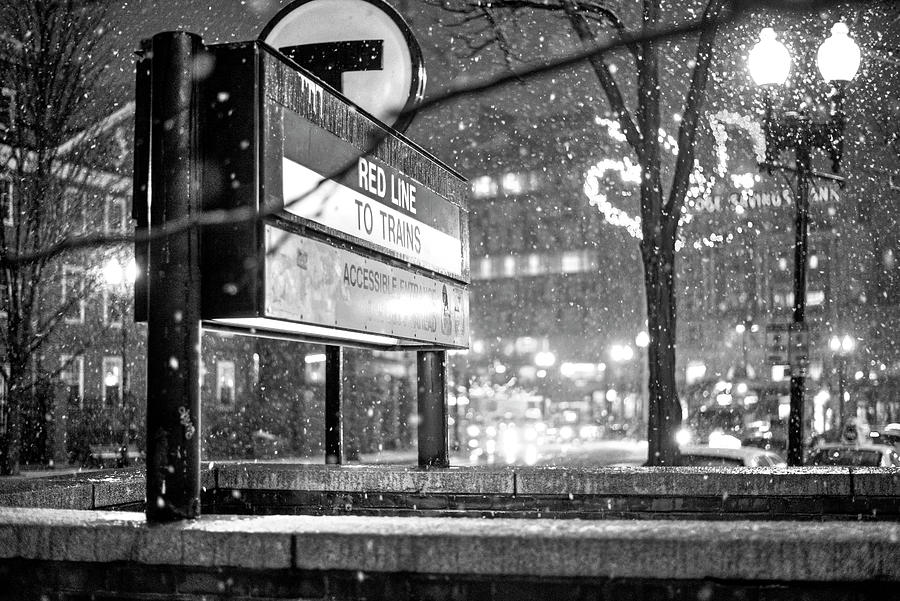 Snowfall in Harvard Square Cambridge MA Red Line MBTA Black and White Photograph by Toby McGuire