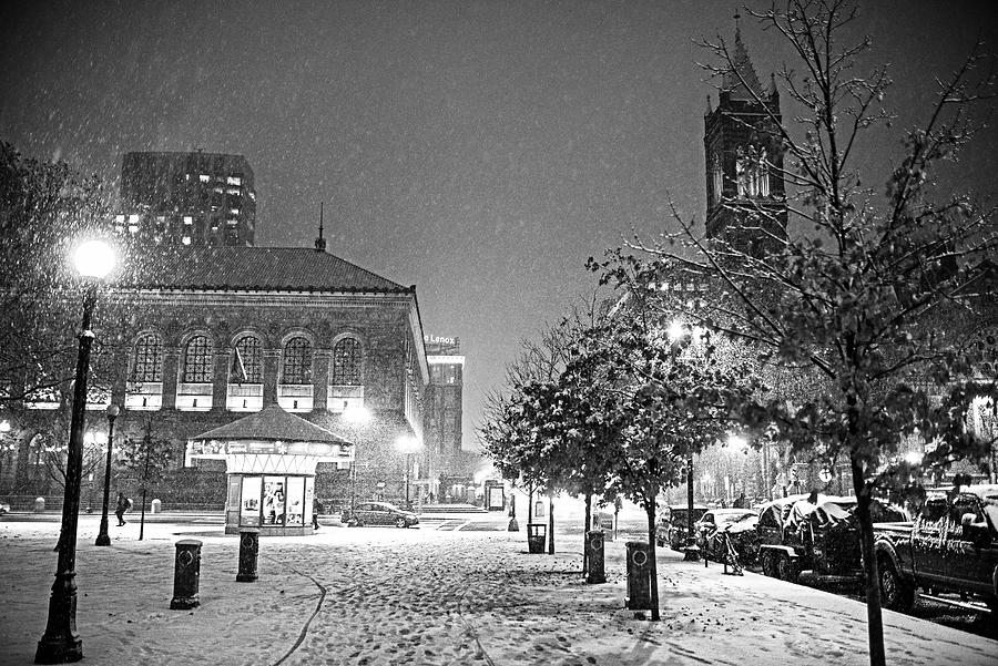 Snowfall in the City Boylston Street Boston MA Black and White Photograph by Toby McGuire