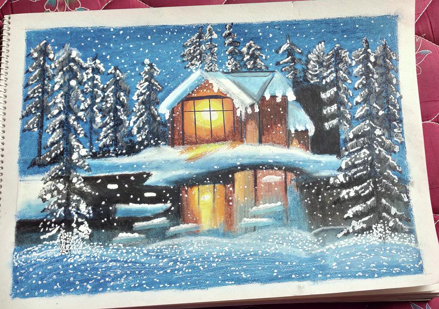 Snowfall oil pastels painting Pastel by Sanjana Kumari - Pixels