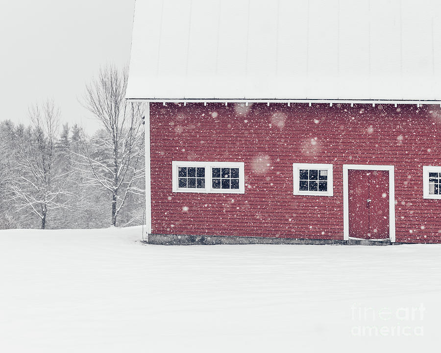 Snowfall Red Barn Winter in New Hampshire Photograph by Edward Fielding