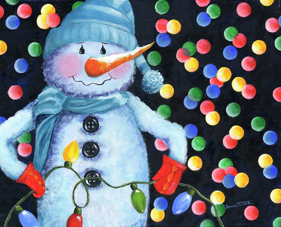 Snowie with Twinkling Lights Painting by Donna Tucker