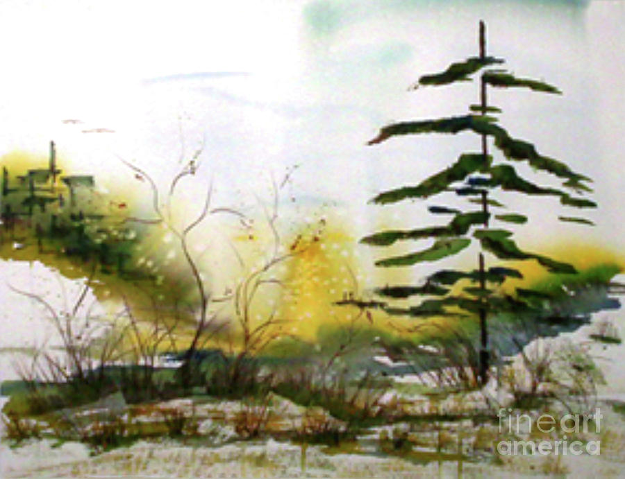 Snowing in the Pines Watercolor Painting by Catherine Ludwig Donleycott