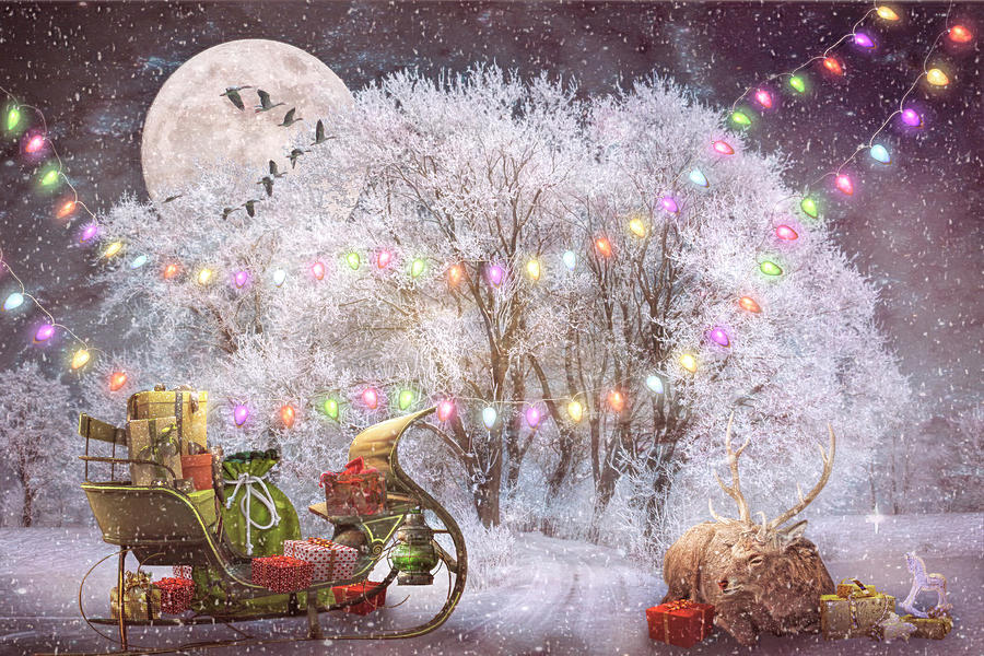Snowing on Santas Sled in Vintage Colors Digital Art by Debra and Dave Vanderlaan
