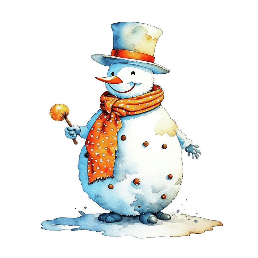 Snowman A - Watercolors Painting by Olde Time Mercantile