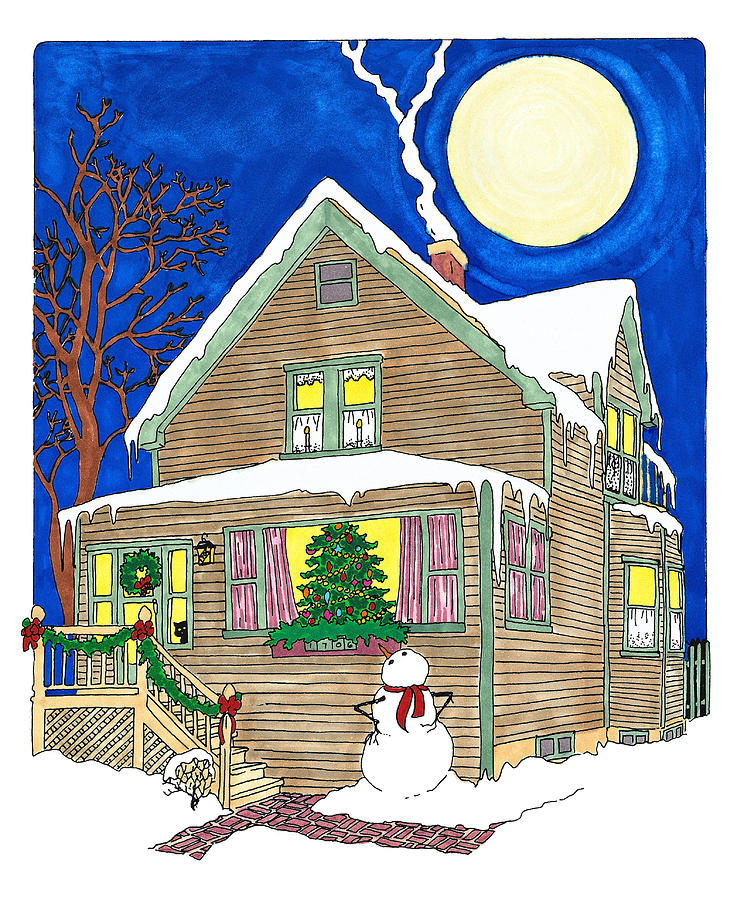 Snowman Admiring Christmas Tree Drawing by Hawley Wright