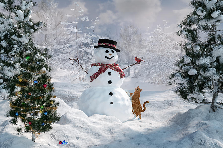 Snowman and Cat Digital Art by Mary Almond