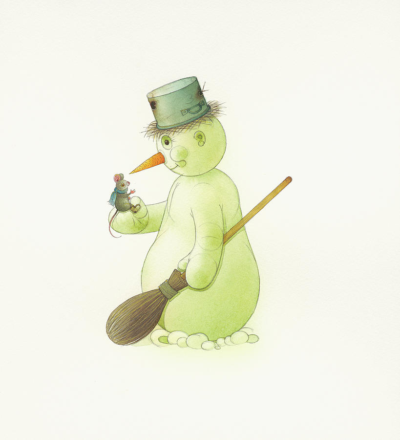 Snowman and Mouse Drawing by Kestutis Kasparavicius
