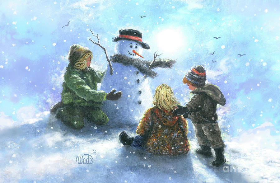 Three Kids Painting - Snowman and Three Children by Vickie Wade