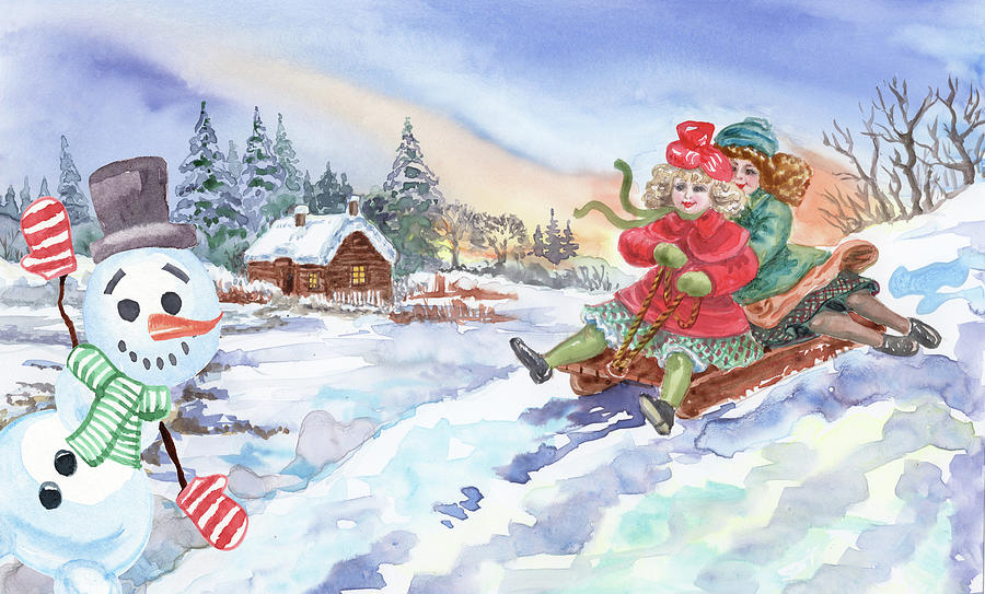 Snowman And Two Girls Sledding Winter Watercolor  Painting by Irina Sztukowski