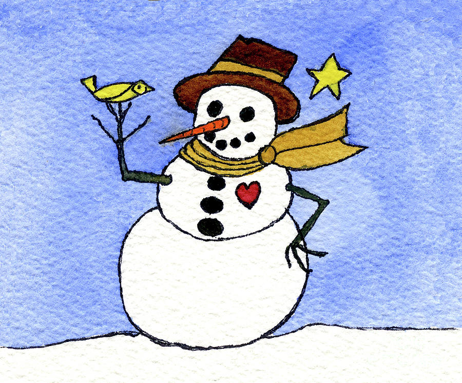 Snowman and Yellow Bird Painting by Norma Appleton