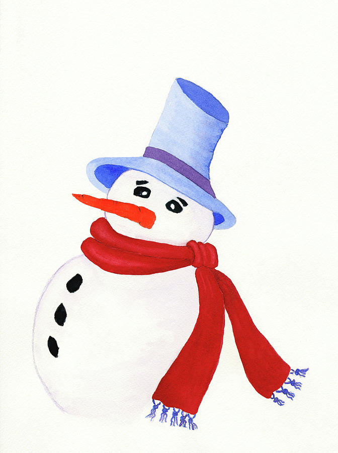 Snowman Art Print and Greeting Card Painting by Deborah League