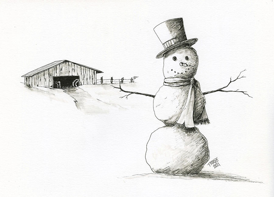 Snowman with Cardinal Etching