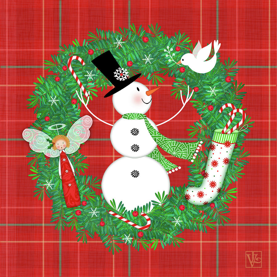 Snowman Christmas Wreath Digital Art by Valerie Drake Lesiak