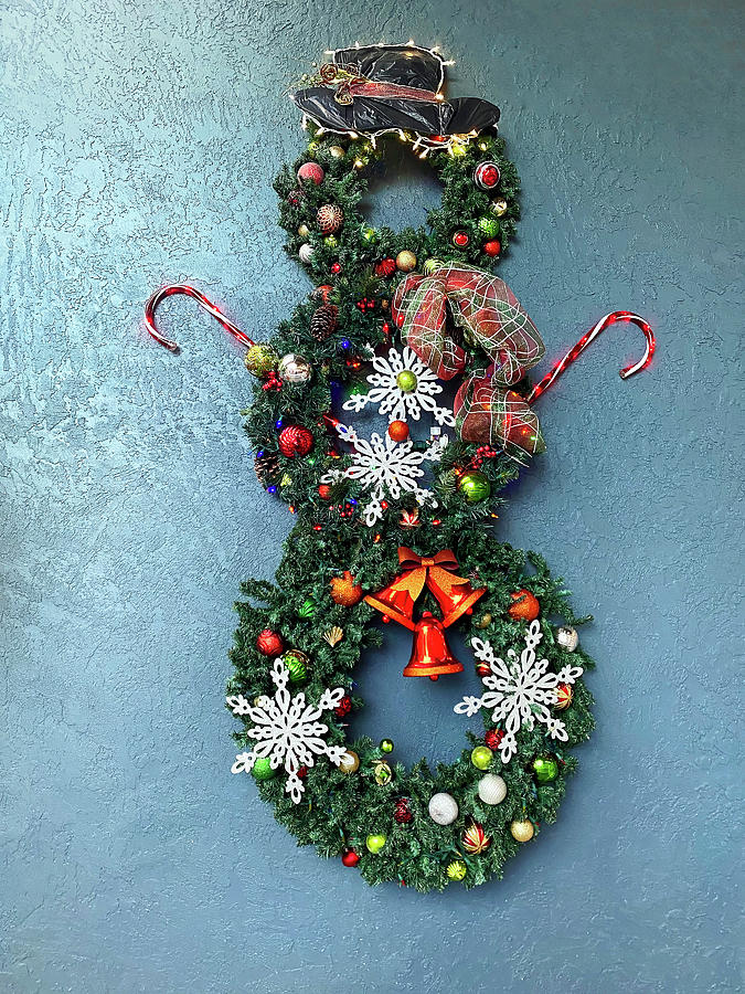 Snowman From Wreaths Photograph by Sally Weigand